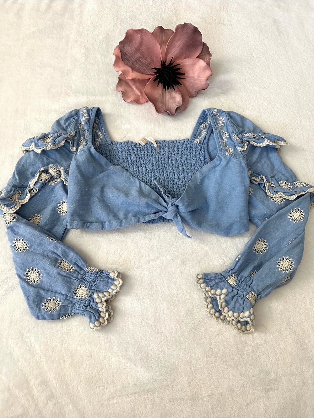 LOVE SHACK FANCY Embroidered Milanti Tie Crop Top SIZE Medium